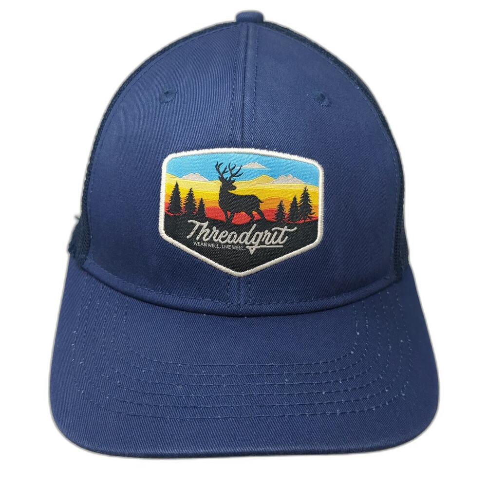 Threadgrit Trucker Hat Blue One Size Deer Patch Mesh Back Snapback Adjustable